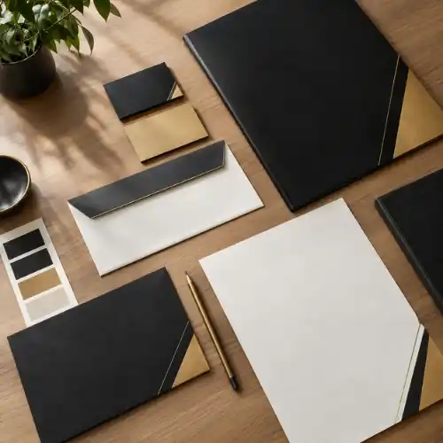 Papelería corporativa coordinada en negro, blanco y dorado con muestras de color sobre mesa de diseño