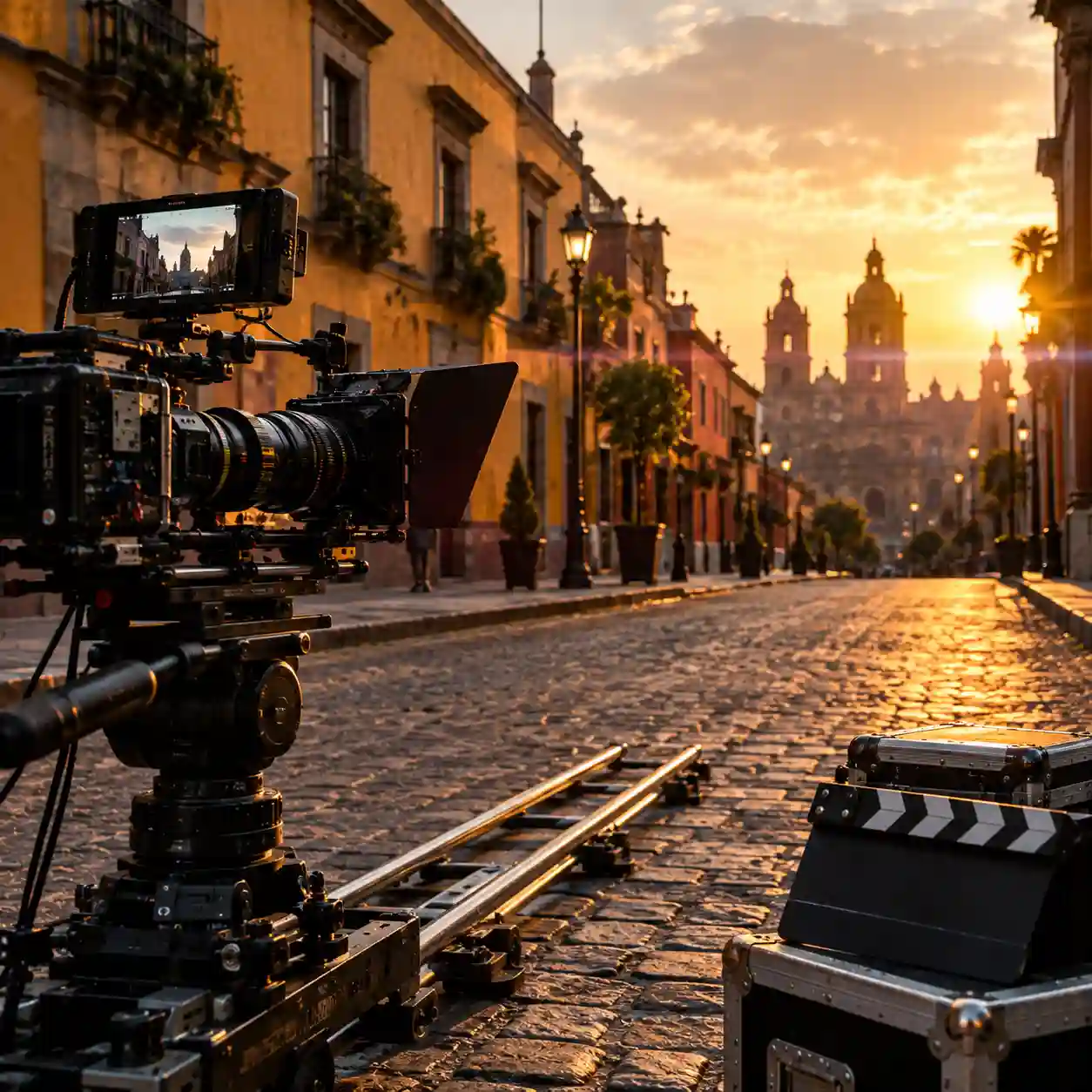 Claqueta, cámara de cine y rieles de travelling en calle empedrada al atardecer