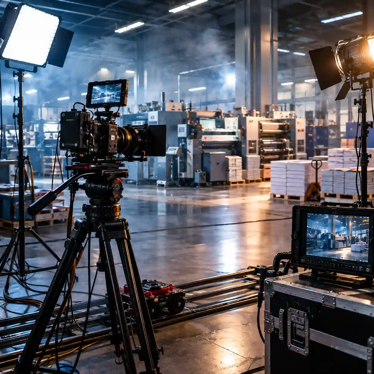 Set de producción audiovisual con cámara de cine y luces en nave industrial
