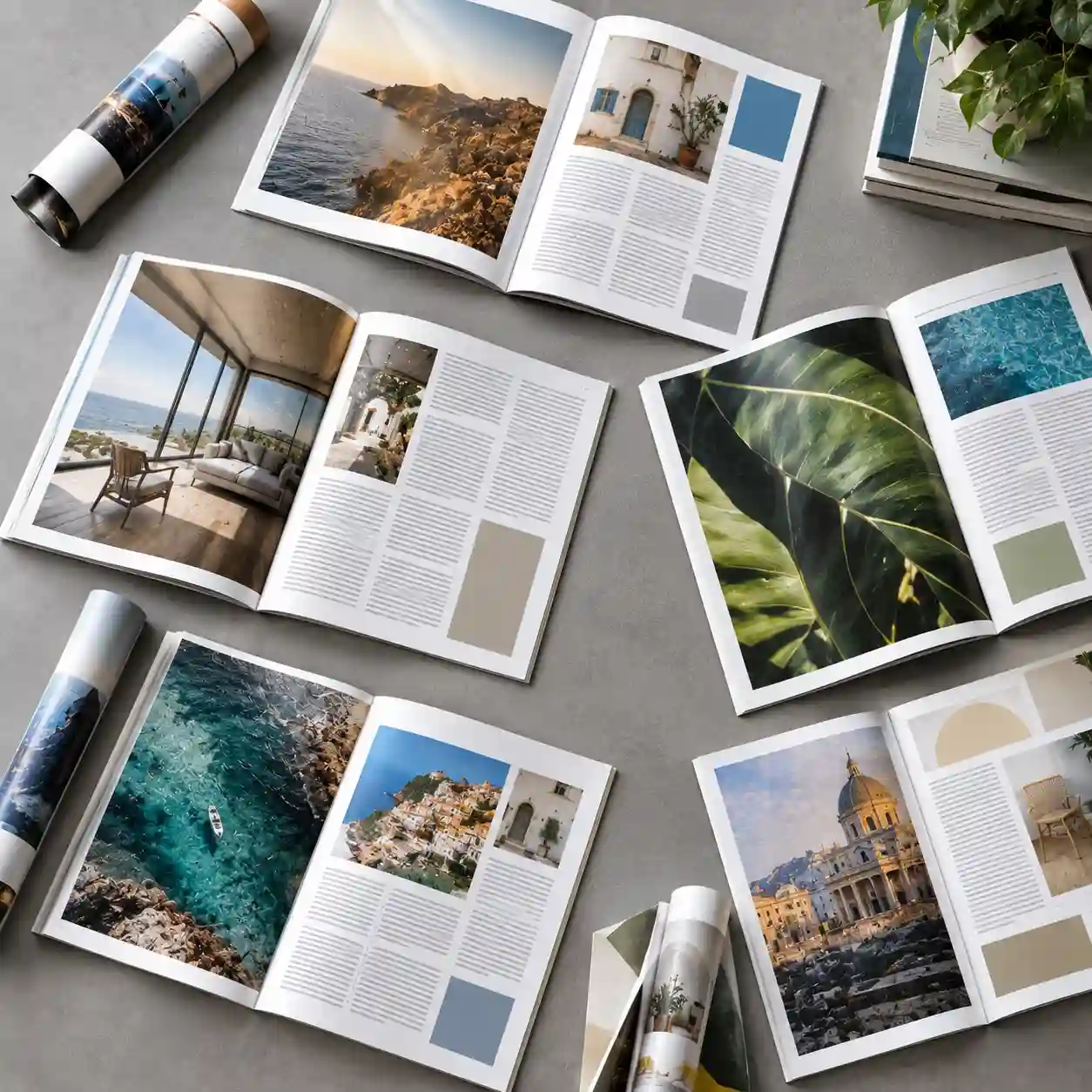 Revistas y catálogos diagramados abiertos con fotografías y columnas
