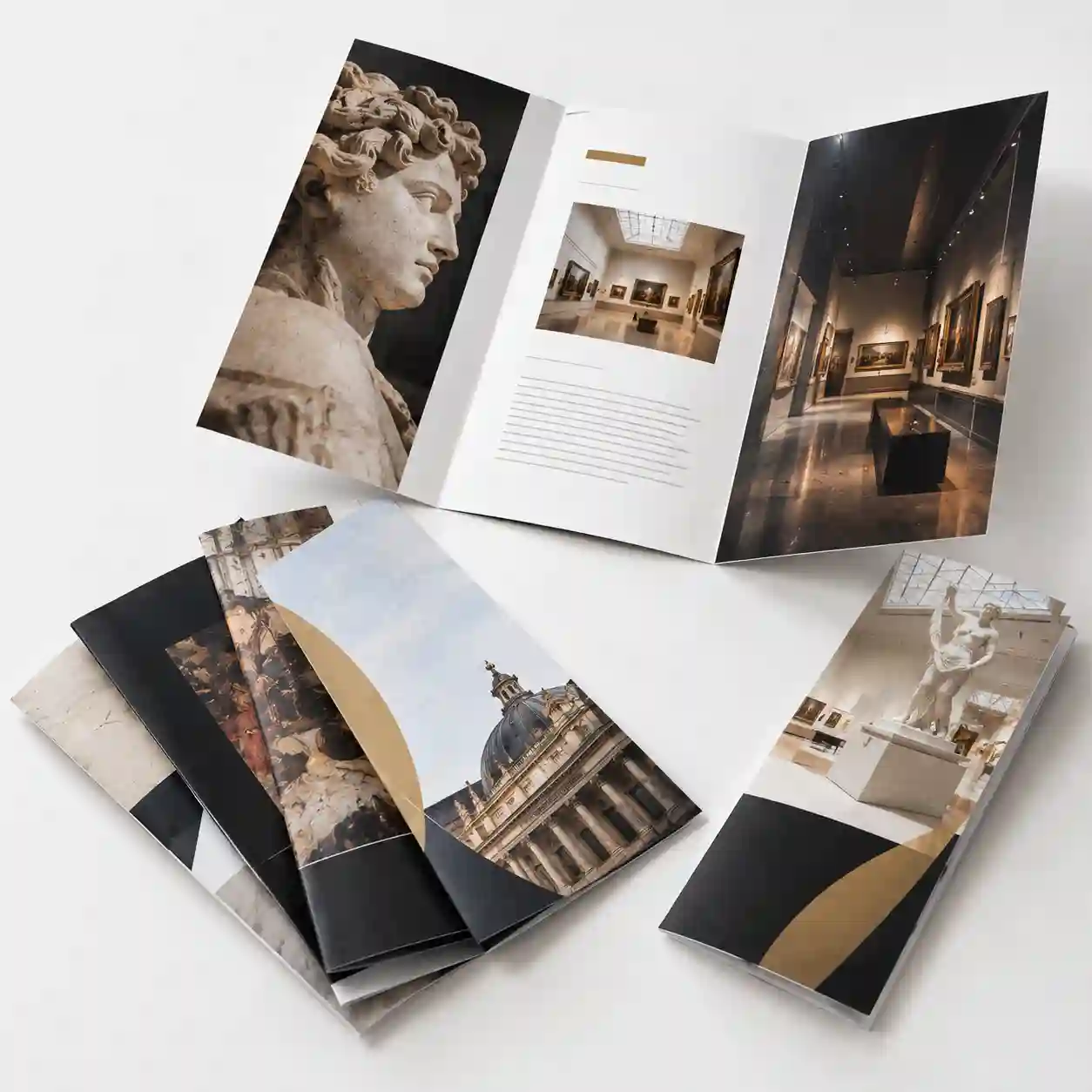 Trípticos y dípticos impresos con fotografías de escultura y arquitectura desplegados sobre mesa