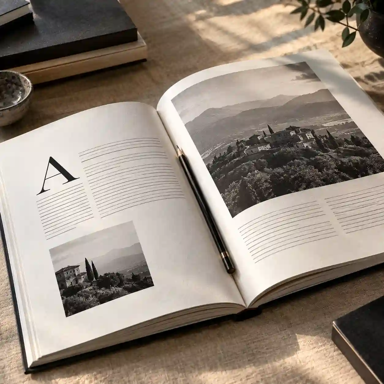 Libro abierto con diseño de interiores, letra capitular y fotografía a doble página