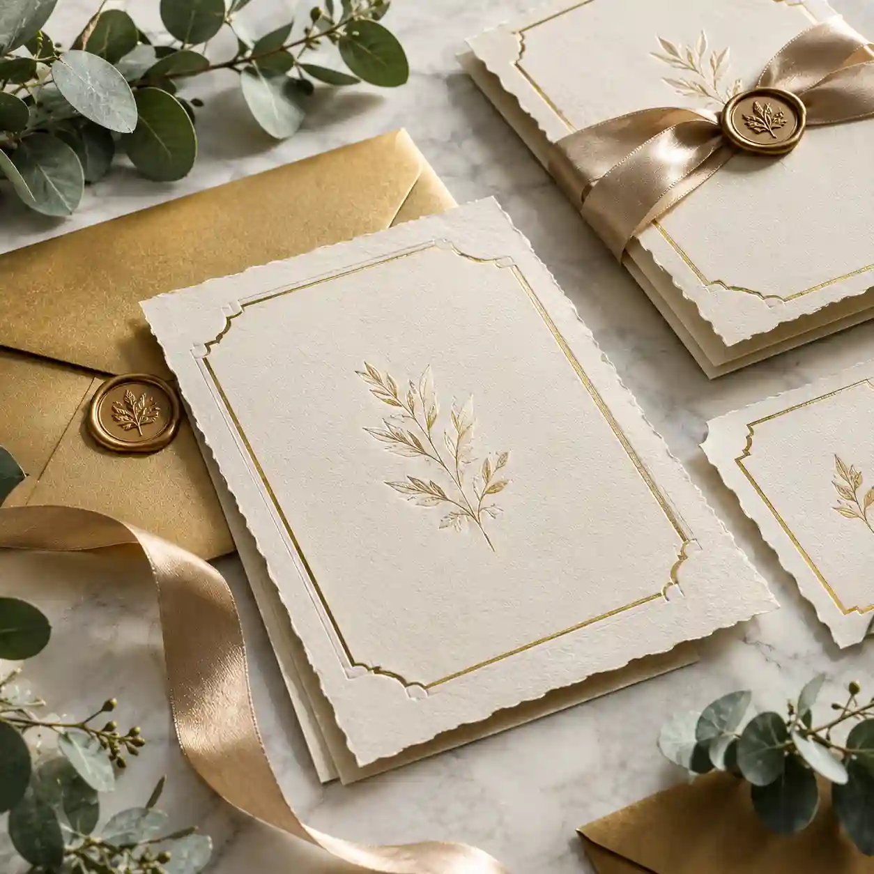Invitaciones de papel algodón con hot stamping dorado, sello de lacre y sobres a juego
