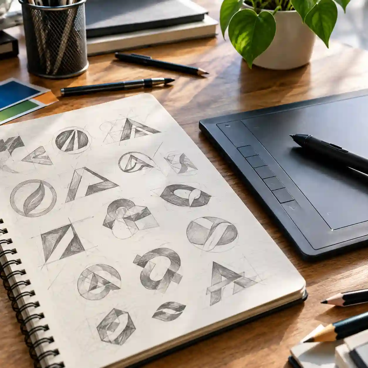 Cuaderno con bocetos de logotipos geométricos a lápiz junto a tableta gráfica y plumas