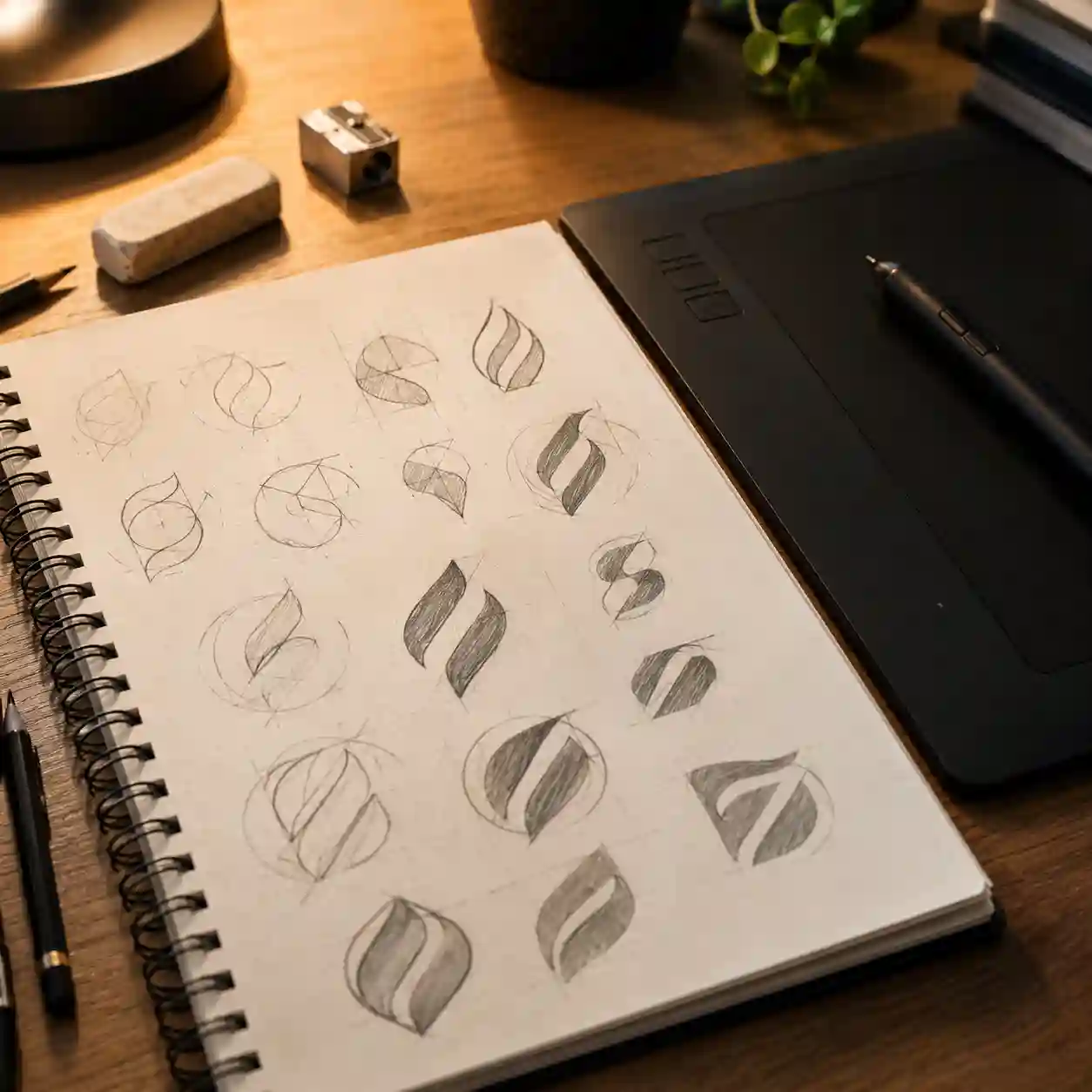 Bocetos de logotipos a lápiz en cuaderno de dibujo sobre escritorio de estudio de diseño, diseño de logotipos en Cuauhtémoc