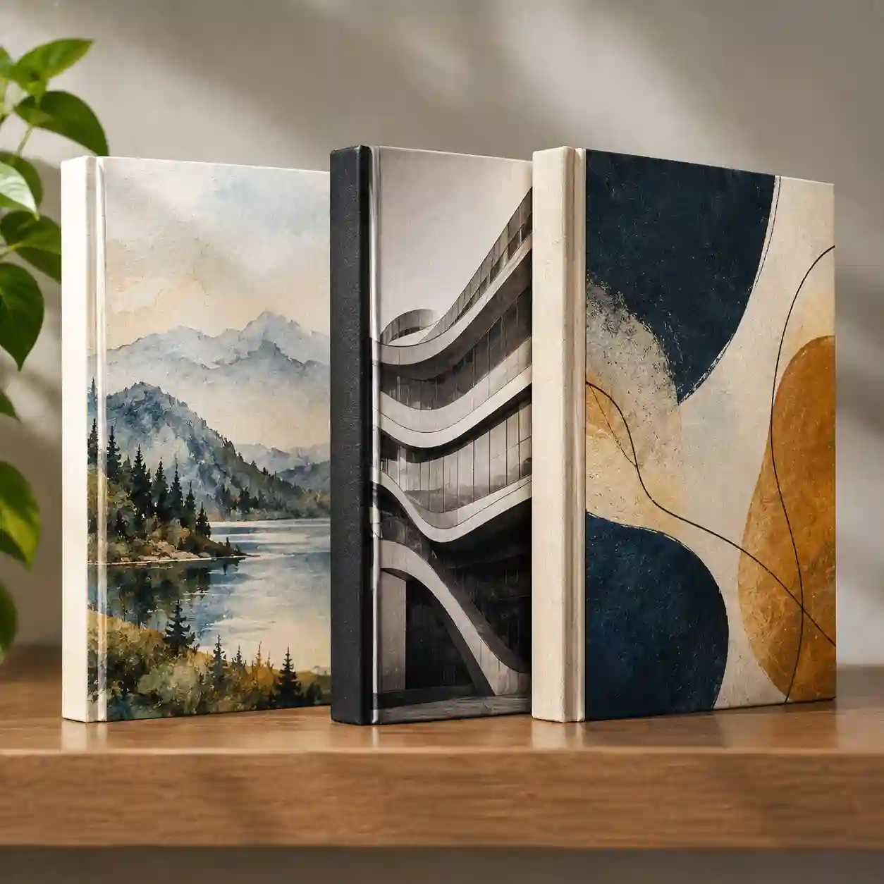 Libros con portadas ilustradas de distintos estilos sobre repisa de madera