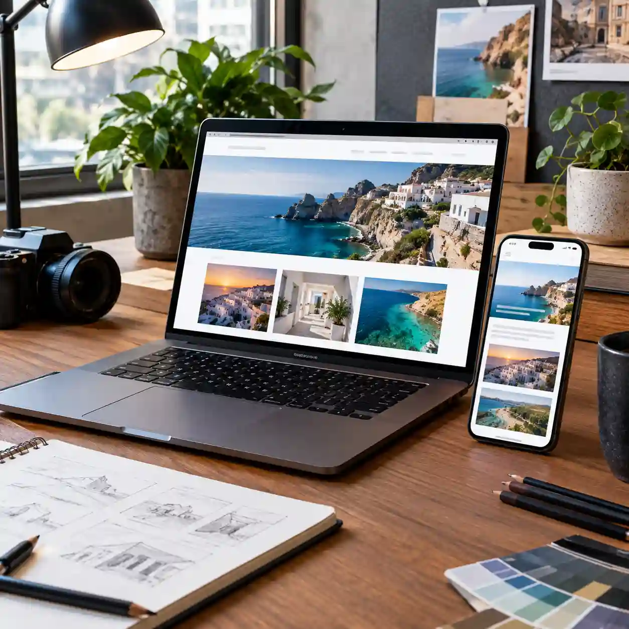 Sitio web editorial responsivo en laptop y smartphone sobre escritorio
