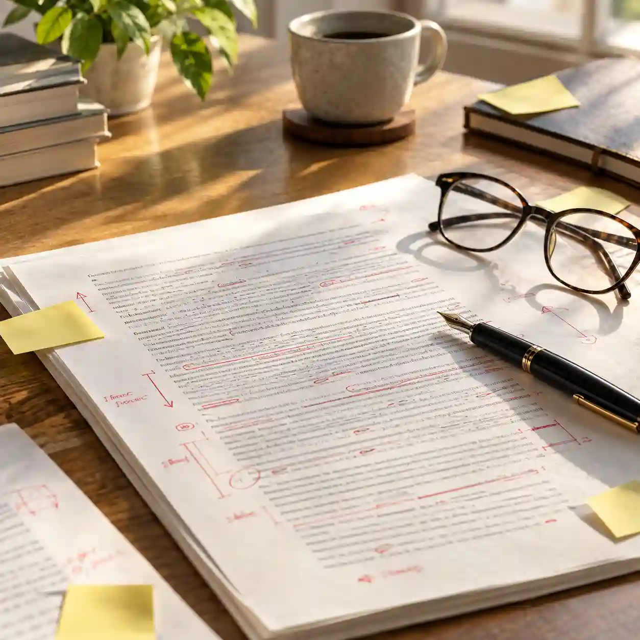 Manuscrito con correcciones de estilo en tinta roja y pluma fuente sobre escritorio