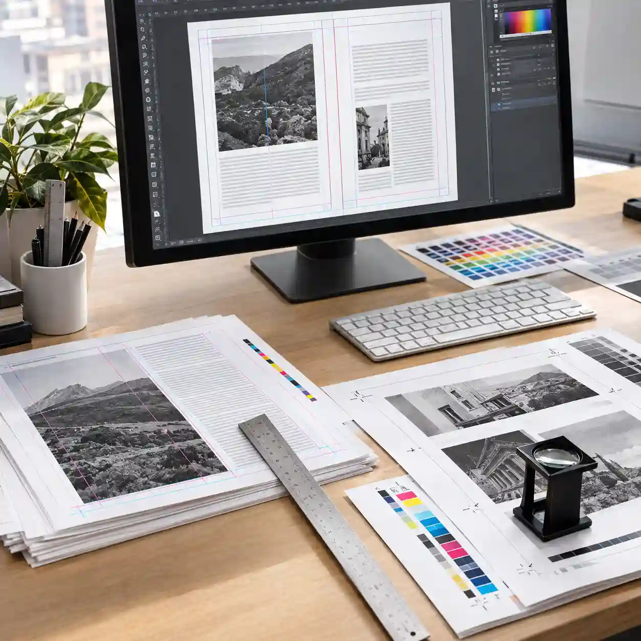 Monitor con páginas de libro en formación tipográfica junto a pruebas impresas, formación de textos en Cuauhtémoc