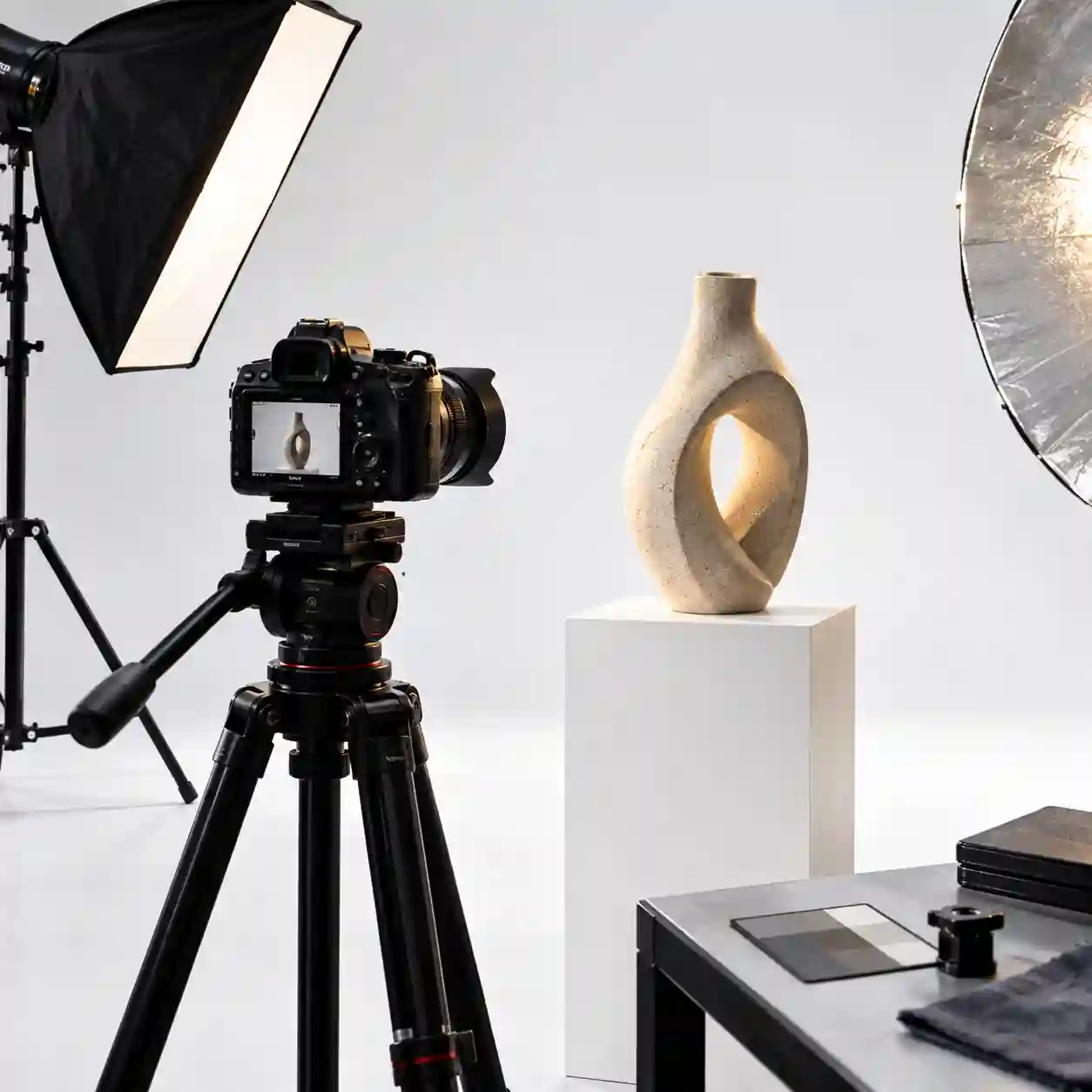 Estudio fotográfico con softbox y cámara profesional frente a escultura, fotografía profesional en Cuauhtémoc