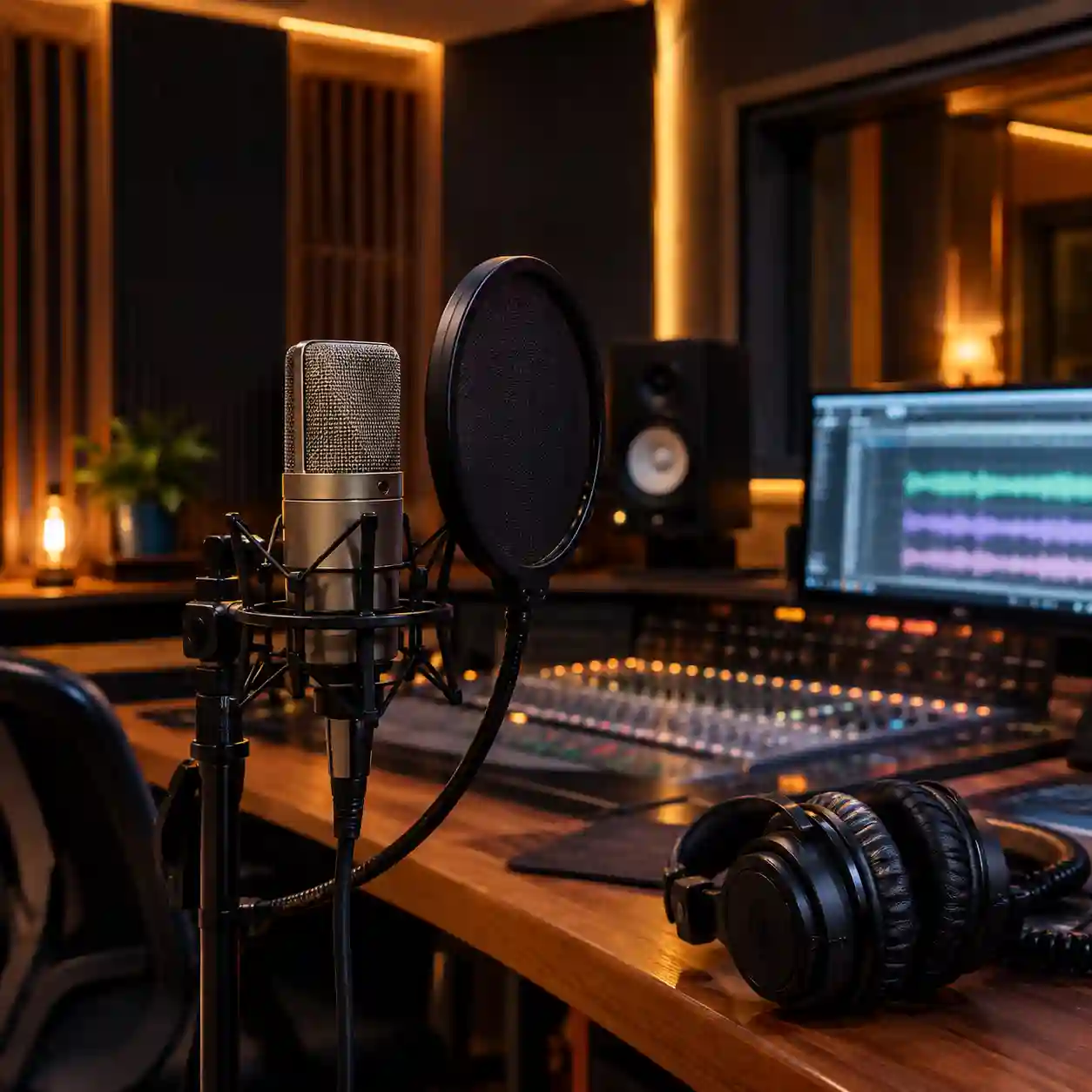 Cabina de grabación con micrófono de condensador y consola de audio, grabación de audio en Cuauhtémoc