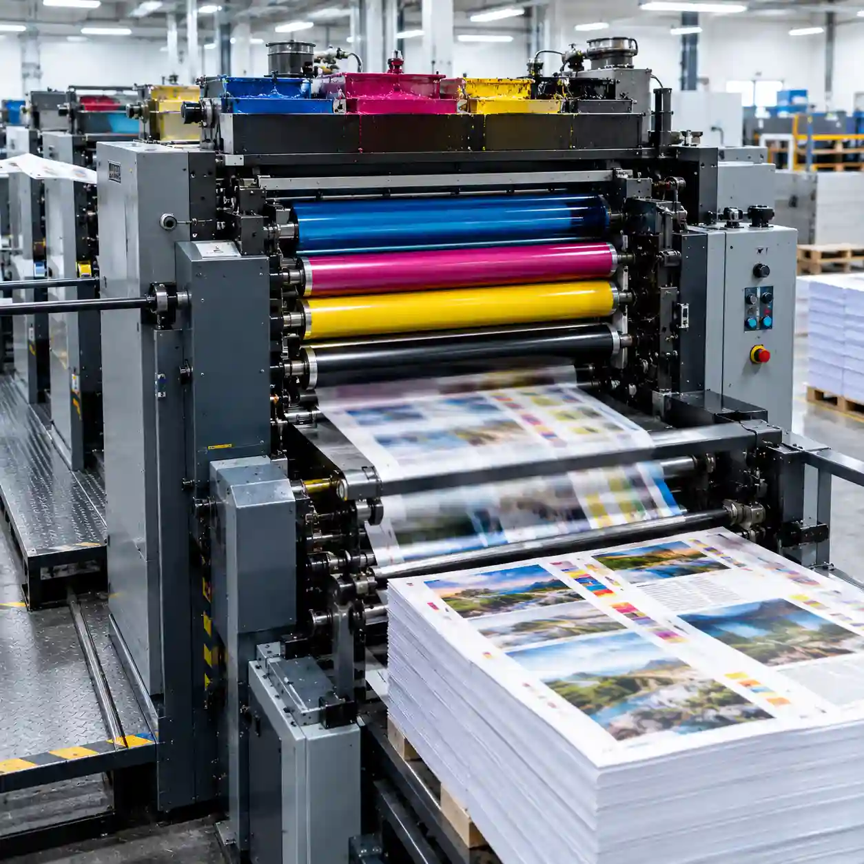 Prensa offset de cuatro colores con pliegos impresos apilados