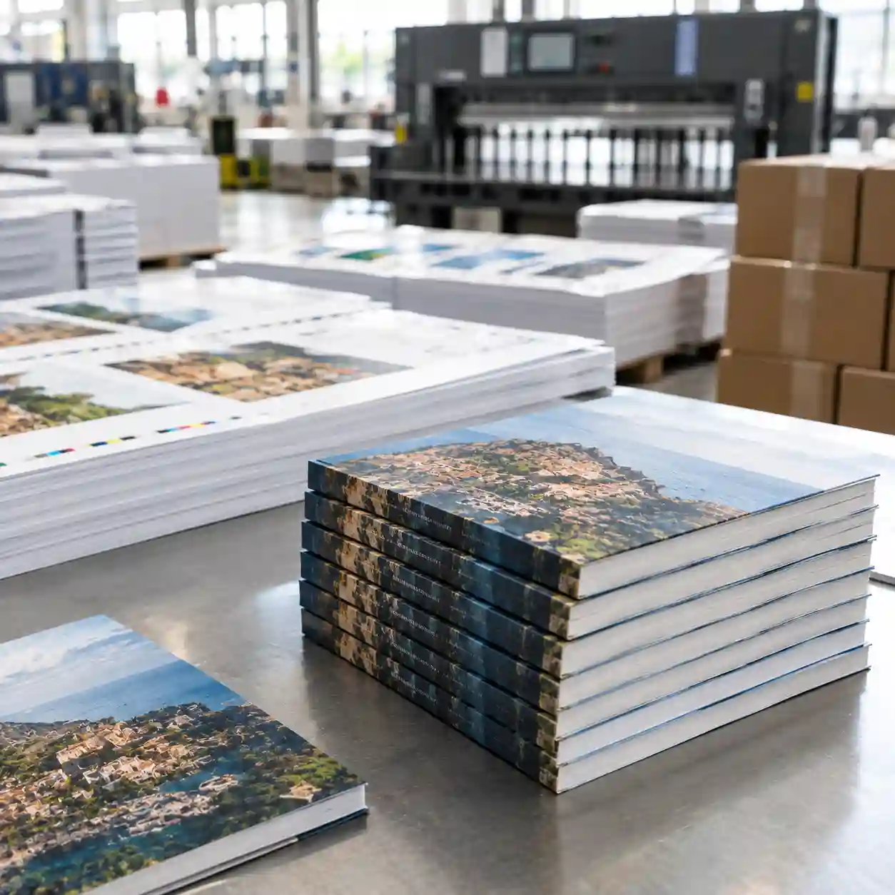 Pila de libros recién impresos con lomos alineados en mesa de imprenta, libros impresos en Cuauhtémoc