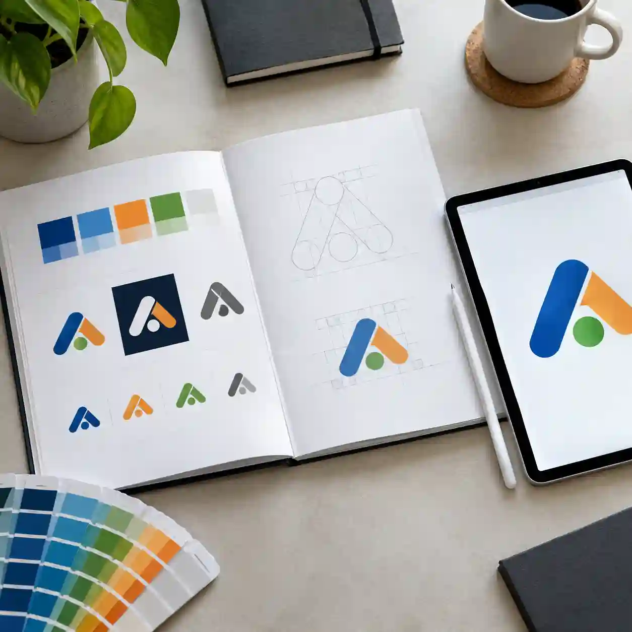 Manual de marca abierto con paleta de colores y variantes de logotipo junto a tableta y abanico de color