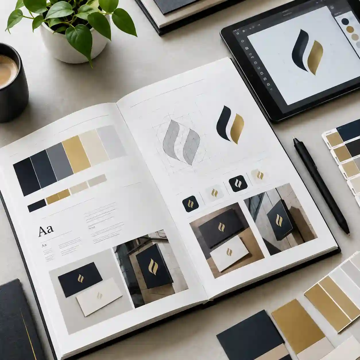 Manual de marca impreso y digital con paleta de colores y retícula de logotipo