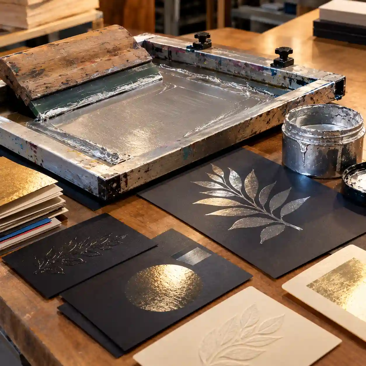 Bastidor de serigrafía y muestras de acabados especiales en papel