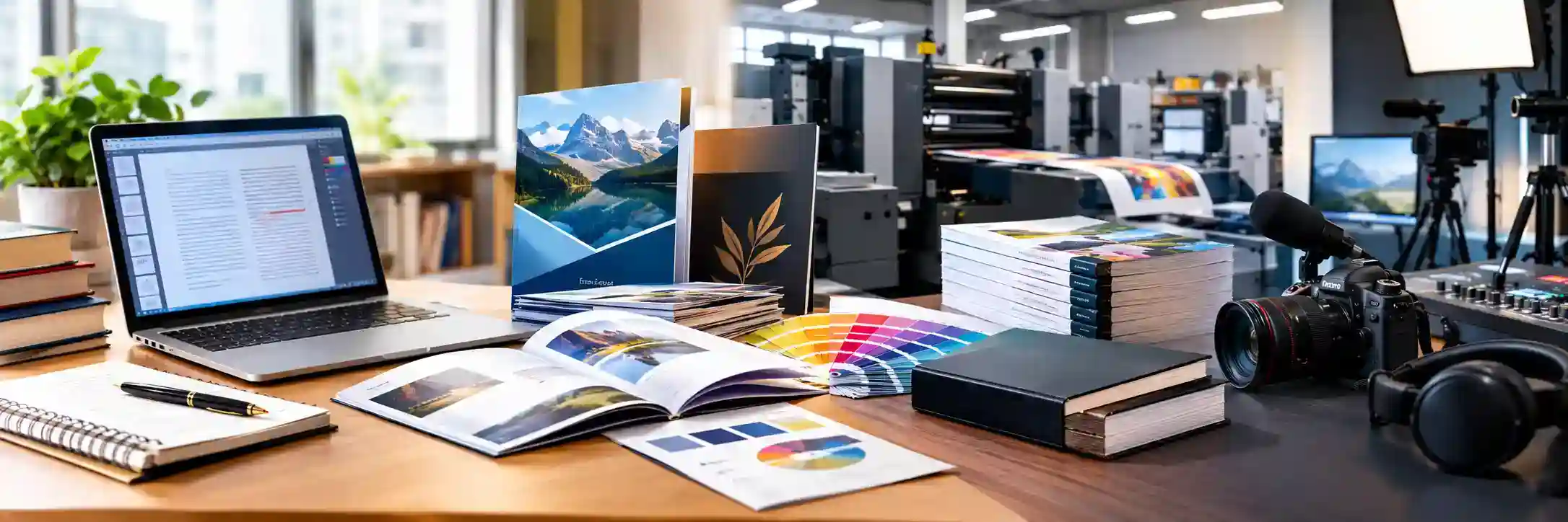 Soluciones editoriales en Cuauhtémoc: escritorio con laptop en corrección de texto, muestras de diseño editorial, catálogos impresos, guías de color y cámaras en taller de producción