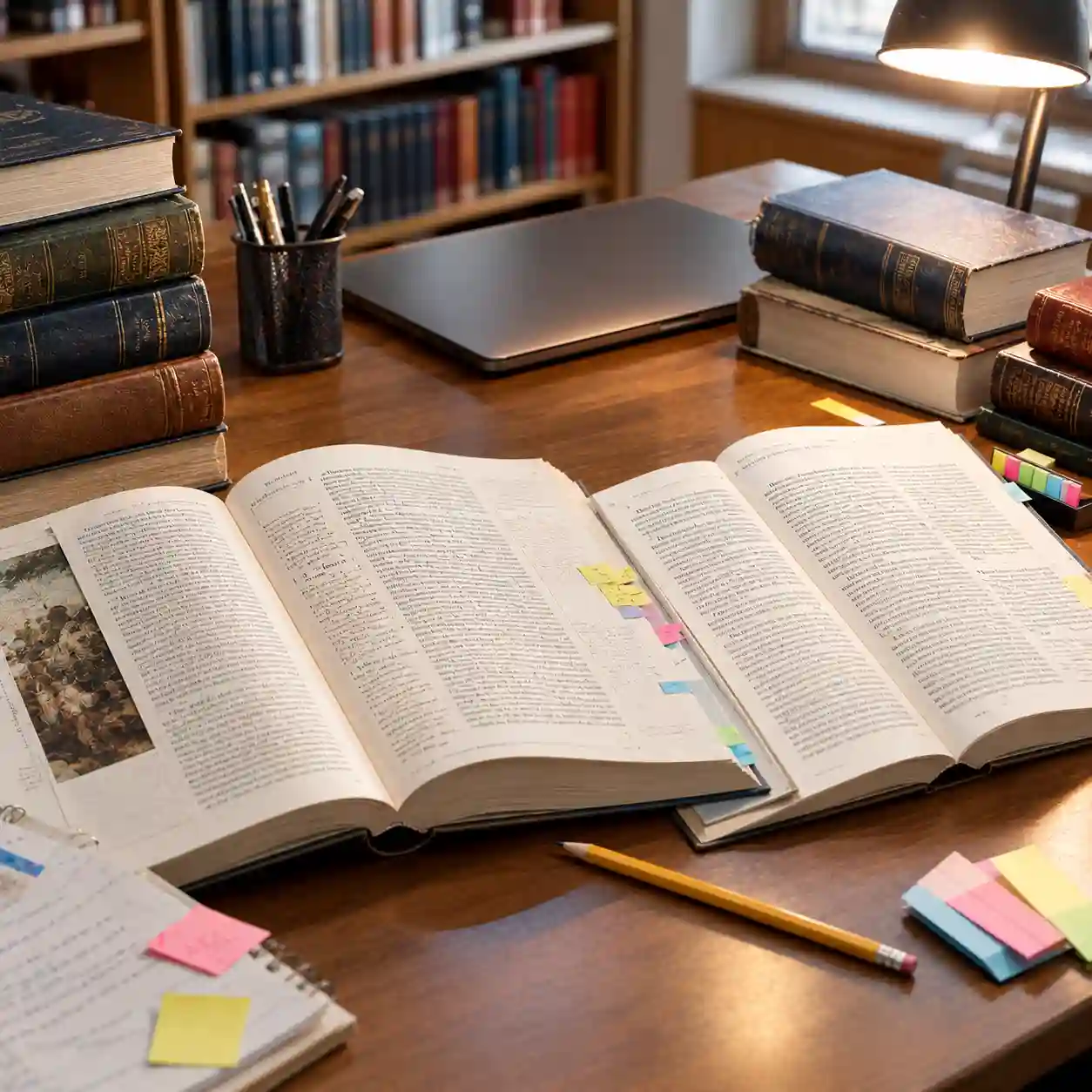 Libro original y su traducción abiertos junto a diccionarios y notas adhesivas