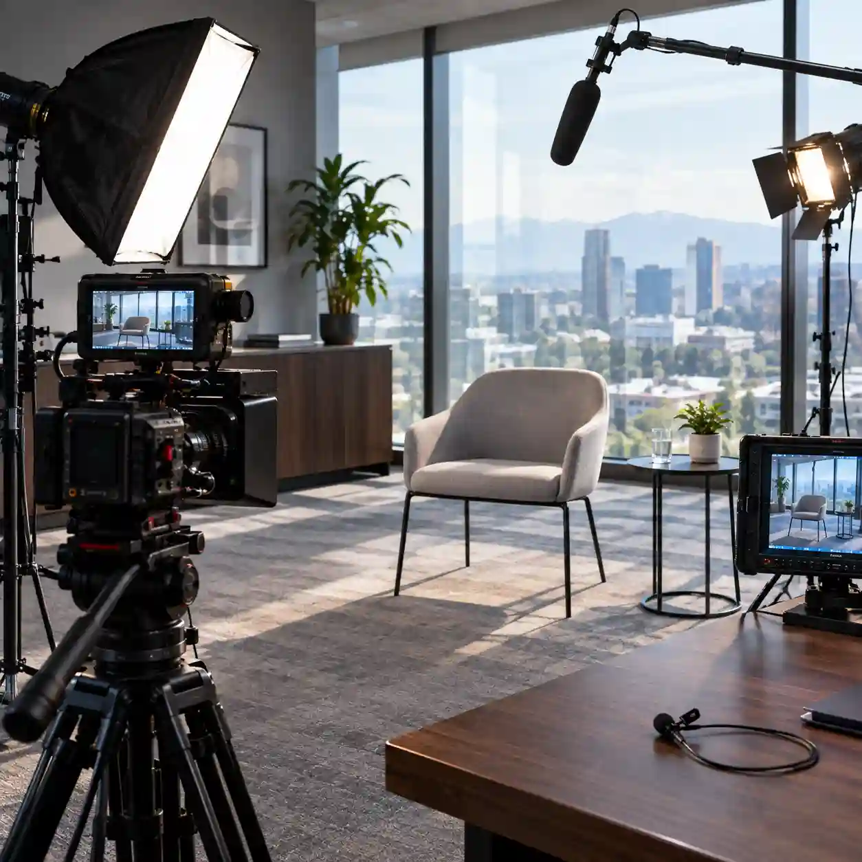 Set de entrevista para video corporativo en oficina moderna con vista a la ciudad