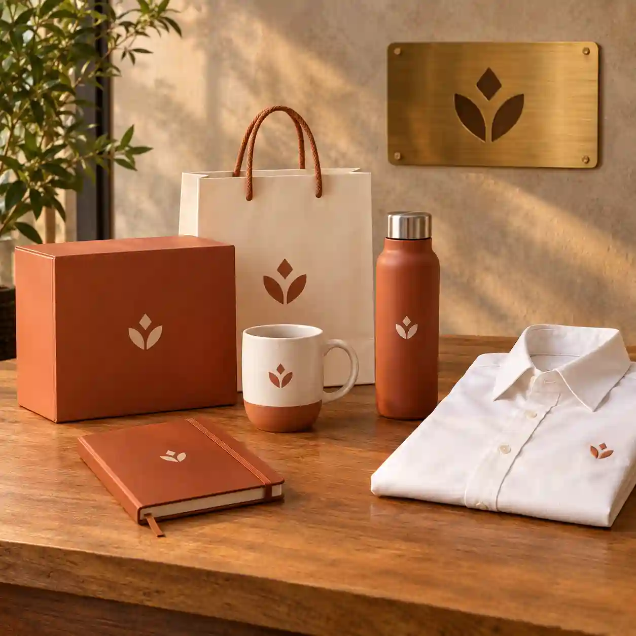 Aplicación de marca en empaque, uniforme, merchandising y señalética en CDMX Caja de empaque, bolsa de papel, taza, termo, libreta y camisa bordada en terracota y crema frente a un letrero de latón cepillado