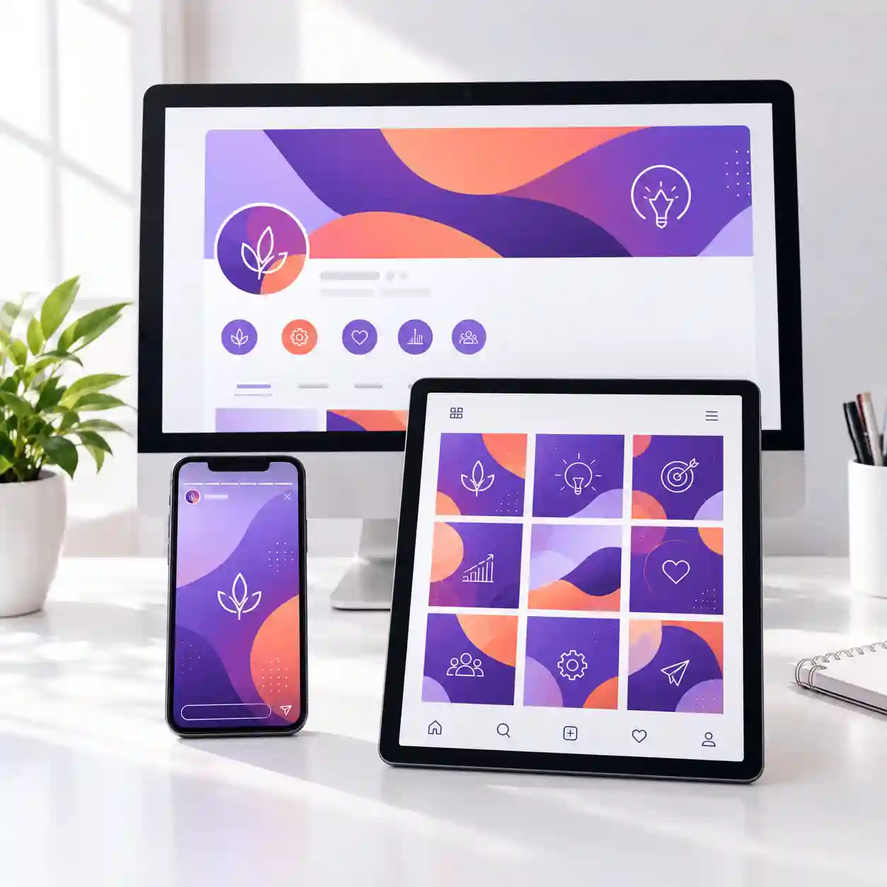 Brand guidelines digitales con plantillas para redes sociales en smartphone y tablet en CDMX Smartphone, tablet y monitor con plantillas de publicaciones, stories y portada de perfil en violeta y coral con iconos personalizados