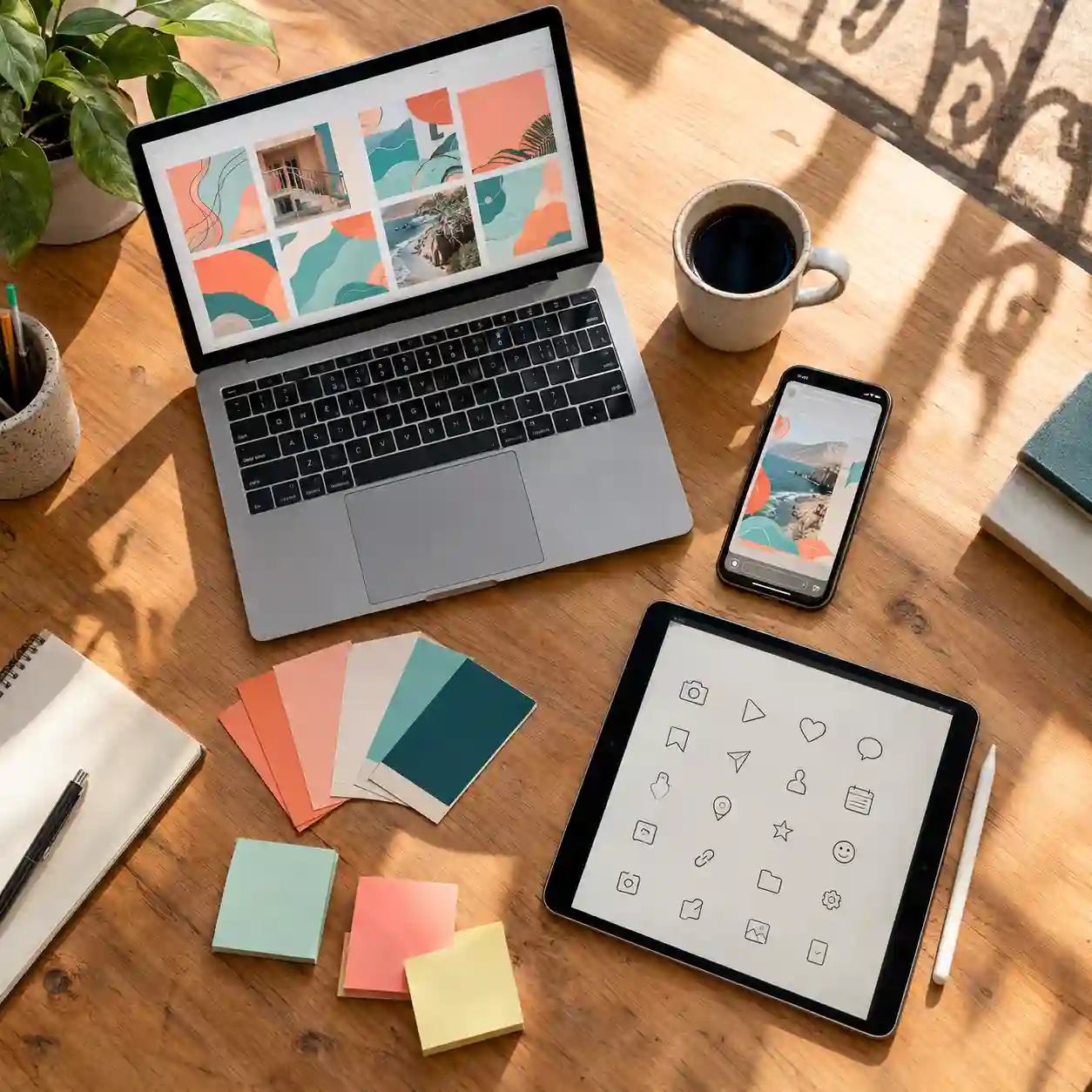 Kit de plantillas para redes sociales en laptop y smartphone en un coworking de Roma Norte, CDMX Vista cenital de laptop, smartphone y tableta con plantillas de redes sociales e iconos en coral y turquesa sobre escritorio de madera en Roma Norte