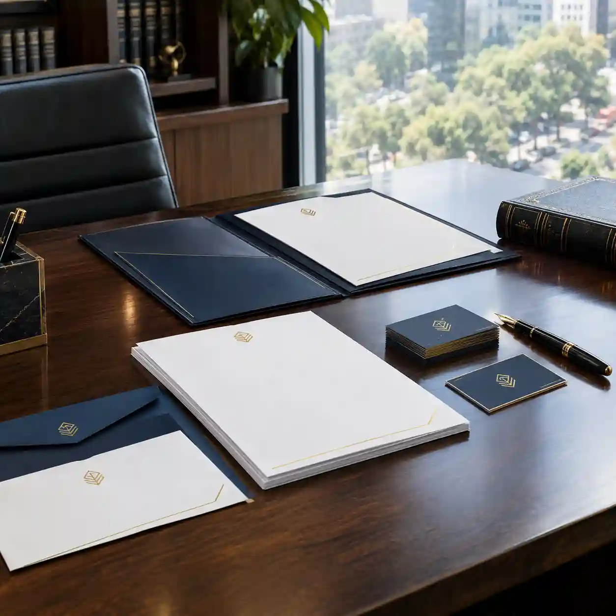 Papelería ejecutiva azul marino y dorado sobre mesa de juntas de un despacho en Polanco, CDMX Hojas membretadas, tarjetas de presentación azul marino con detalles dorados y carpeta corporativa sobre mesa de nogal en un despacho de Polanco