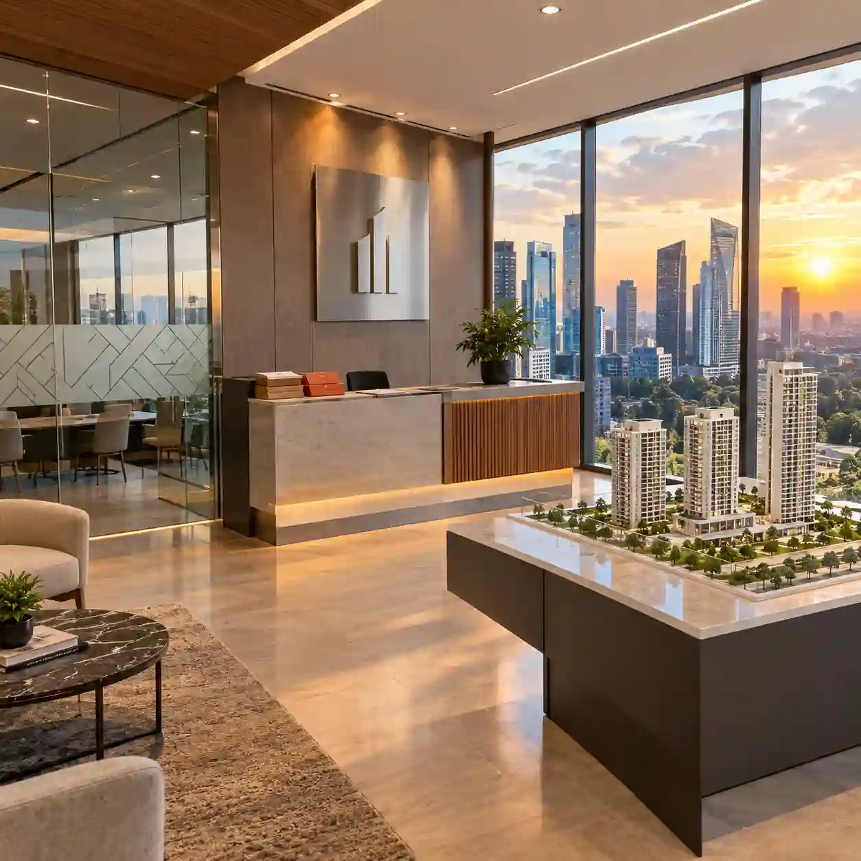 Señalética y viniles arquitectónicos en la sala de ventas de una inmobiliaria en Santa Fe, CDMX Sala de ventas con vinil esmerilado en cristal, letrero de aluminio cepillado, maqueta arquitectónica y torres de Santa Fe al atardecer