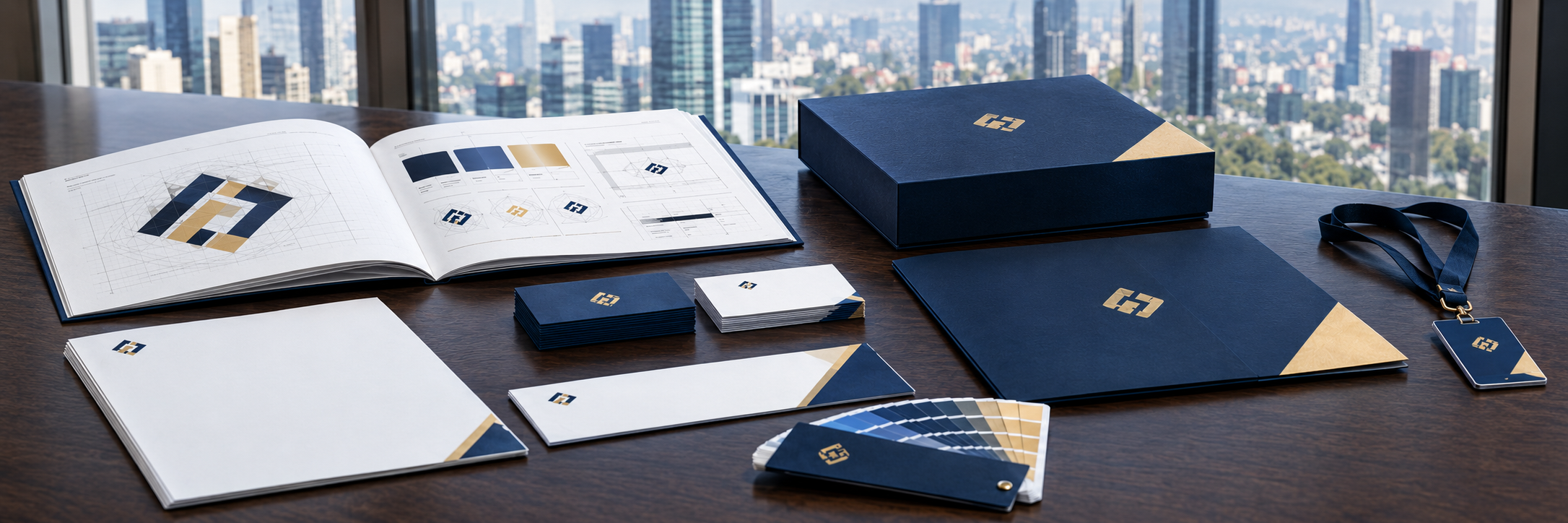 Sistema de identidad visual corporativa con manual de marca, papelería y empaque en CDMX Manual de marca abierto con paleta de colores, tarjetas, hojas membretadas, carpeta, credencial y caja de empaque azul marino y dorado sobre escritorio con vista a Reforma