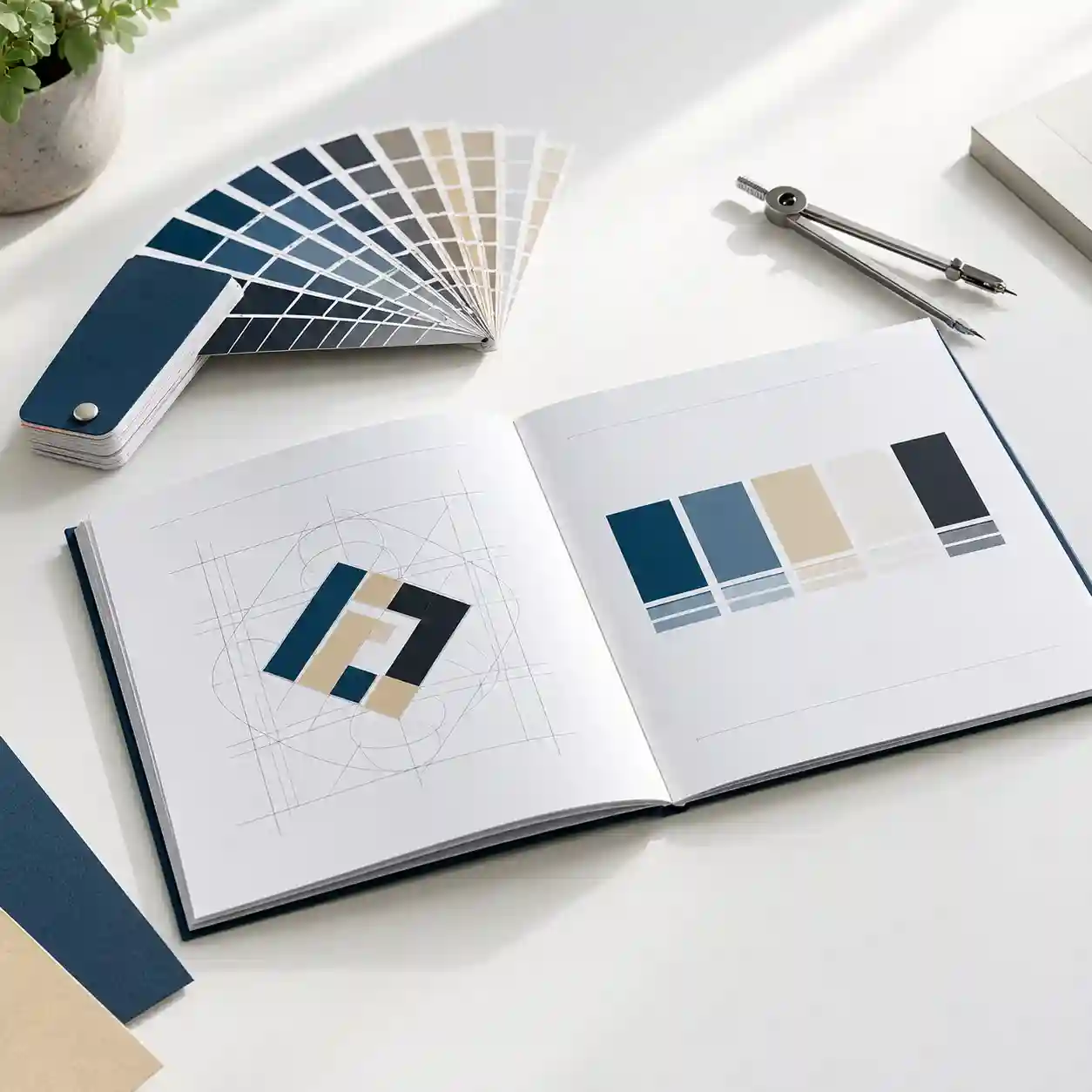 Manual de identidad corporativa con retícula de isotipo y guía Pantone en CDMX Manual de identidad corporativa abierto con retícula de construcción de un isotipo, muestras de color y abanico Pantone sobre mesa de diseño