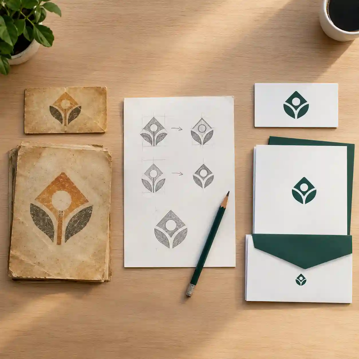 Rebranding empresarial: papelería antes y después del rediseño de marca en CDMX Papelería antigua en tonos ocre junto a su versión renovada en verde esmeralda y blanco, con bocetos a lápiz de la evolución del símbolo
